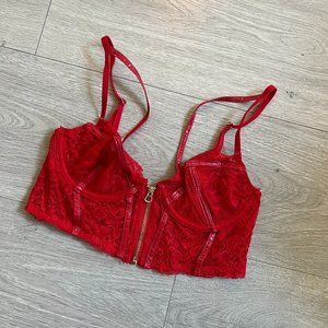 Red Bralette with Lace, Mesh, and Faux Leather Straps